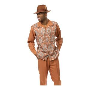 MEN'S MONTIQUE CLAY PRINT DESIGN WALKING SUIT 2 PIECE LONG SLEEVE SET. 2377 CLAY